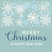 Elegant Merry Christmas and Happy New Year greeting card with winter blue frost pattern with various snowflake icons and beautiful cursive lettering. Social media Instagram post template vector