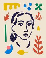 Vector woman art poster. Matisse inspired hand drawn contemporary portrait for print wall art decor, retro style. Abstract collage shapes.