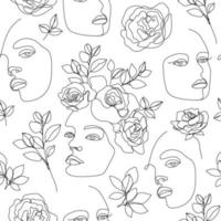 Vector seamless pattern. Continuous line art with woman face, flowers, leaves. Linear nature background. Use for package, cosmetics, decor. Fashion concept, feminine beauty minimalist