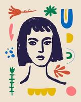 cartel de arte de mujer de vector. Retrato contemporáneo dibujado a mano inspirado en Matisse para decoración de arte de pared impresa, estilo retro. formas abstractas de collage. vector