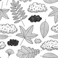 Vector hand drawn seamless pattern with autumn elements contours foliage, clouds, leaves Line art design, doodle black and white.