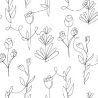 Vector flower, rose linear seamless background, plants with leaves, ornament, pattern with black single contour line on white background in hand drawn style. Monoline, continuous line.