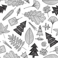 Vector hand drawn forest seamless pattern with autumn elements contours foliage, trees, leaves Line art design, doodle