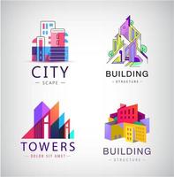 Vector set of abstract colorful city, building composition signs, icons, logos isolated. Towers, construction.