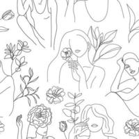 Vector seamless pattern. Continuous line art with woman face, flowers, leaves. Linear nature background. Use for package, cosmetics, decor. Fashion concept, feminine beauty minimalist