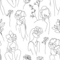 Vector seamless pattern. Continuous line art with woman face, flowers, leaves. Linear nature background. Use for package, cosmetics, decor. Fashion concept, feminine beauty minimalist