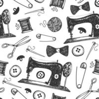 Vector hand drawn doodle seamless pattern. black and white. Fashion, sewing tools background. Use for babric, print, wrapping. Cartoon hand made various sketch elements buttons, needle, scissors.