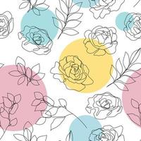 Vector flower, rose linear seamless background, plants with leaves, ornament, pattern with black single contour line and colorful circles background