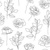 Vector flower, rose linear seamless background, plants with leaves, ornament, pattern with black single contour line on white background in hand drawn style