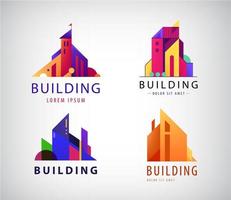 Vector set of abstract colorful city, building composition signs, icons, logos isolated. Towers, construction.