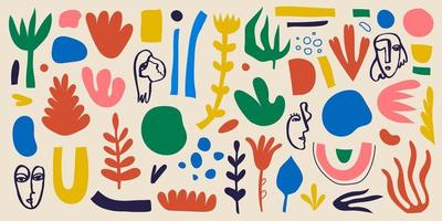 patrón de collage de vector, fondo. Dibujado a mano varias formas y objetos de doodle, flores, hojas, rostros humanos. abstracto arte contemporáneo moderno vector