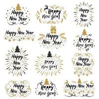 año nuevo, oro, negro, caligrafía, letras, diseño, conjunto vector