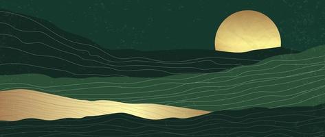 Minimal gold and green mountains, luxury wallpaper design with golden moon vector