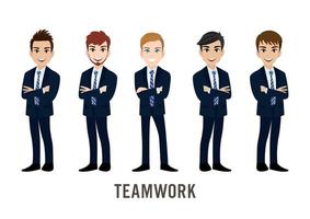 Cartoon character with businessman, teamwork concept design. Flat vector illustration.