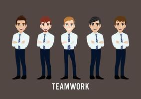 Cartoon character with businessman, teamwork concept design. Flat vector illustration.