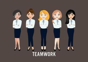 Cartoon character with businesswoman, teamwork concept design. Flat vector illustration.