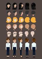 Cartoon character with business woman for animation. Front, side, back, 3-4 view character. Set of female head and flat vector illustration.