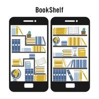 Micro learning concept. Set of book in online library on smart mobile phone and flat icon design vector illustration.