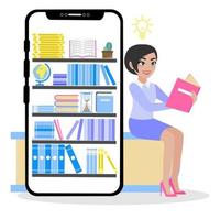 Micro learning concept. Set of book in online library on mobile phone and cartoon character design vector illustration.