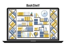 Micro learning concept. Set of book in online library on laptop and flat icon design vector illustration.