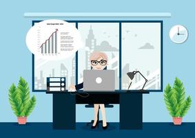 Business woman or a boss working at her desk in modern office interior background. creative office workspace and cartoon character style vector