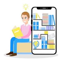 Micro learning concept. Set of book in online library on mobile phone and cartoon character design vector illustration.