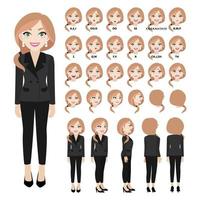 Cartoon character with business woman in suit for animation. Front, side, back, 3-4 view character. Separate parts of body. Flat vector illustration.