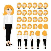 Cartoon character with business woman in casual wear for animation. Front, side, back, 3-4 view character. Separate parts of body. Flat vector illustration.
