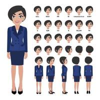 Cartoon character with business woman in suit for animation. Front, side, back, 3-4 view character. Separate parts of body. Flat vector illustration.