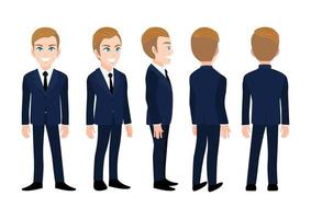 Cartoon character with business man. Front, side, back, 3-4 view animated character. Flat vector illustration.