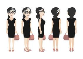 Cartoon character with business woman. Front, side, back, 3-4 view animated character. Flat vector illustration.