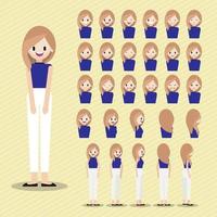 Cartoon character with girl head vector set. pretty lady face with many emotions. Flat vector