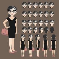 Cartoon character with business woman in black dresses for animation. Front, side, back, 3-4 view character. Separate parts of body. Flat vector illustration.