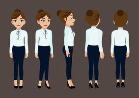 Cartoon character with business woman for animation. Front, side, back, 3-4 view character. Flat vector illustration.