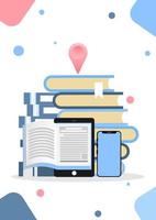 Flat style design vector illustration icon creative technology education library easy access information concept. Touch screen pad eBook library books map pin.