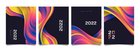 cartel de feliz año nuevo 2022 con diseño de fondo de onda colorida. Plantilla de diseño de número 2022. Plantilla de diseño de celebración de año nuevo para volante, póster, folleto, tarjeta, pancarta o postal vector