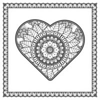 Mehndi flower with frame in shape of heart. decoration in ethnic oriental, doodle ornament. vector