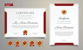 Plantilla de certificado de diploma dorado y rojo con insignia vector