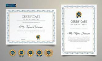 Certificate of completion border template with golden badges vector