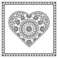 Mehndi flower with frame in shape of heart. decoration in ethnic oriental, doodle ornament. vector