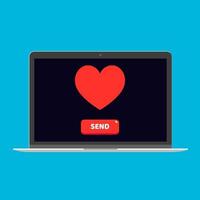Dispositivo moderno: diseño plano de computadora portátil, computadora o netbook pc con corazón y botón enviar en la ilustración de vector de icono de pantalla. concepto de tecnología de romance y amor signo aislado sobre fondo azul.