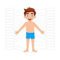 My body poster. Cute kid boy shows his body parts medical anatomy chart. vector