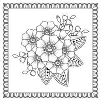 flor mehndi para henna, mehndi, tatuaje, decoración. adorno decorativo en estilo étnico oriental, adorno de doodle, dibujo a mano de contorno. página de libro para colorear. vector