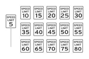 Speed limit road traffic icon signs set flat style design vector illustration isolated on white background. Vertical standard road sign with text and numbers collection.