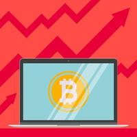 Modern electronic device - flat design monitor or All-in-one-PC vector illustration with crypto currency Bitcoin icon symbol sign on the screen in front of red arrows increased up vector illustration