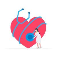 concepto de ciencia médica de la salud con gente pequeña médico con estetoscopio grande y una ilustración de vector de forma de corazón aislada sobre fondo blanco. adecuado para banners, sitios web, tarjetas.