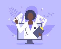 Online doctor medical service concept with doctor in the monitor screen vector illustration. Telemedicine web consultation for patients health care check ups and taking medicine prescription pills.