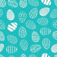 Patrón transparente de huevo de día de Pascua con huevos de colores blancos negros cristianos tradicionales dibujados a mano que caen al azar en la ilustración de vector de fondo azul claro. elementos de efecto de falla.