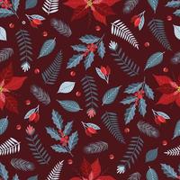 Seamless pattern with Christmas Tree Decorations, Pine Branches, poinsettia, berries. vector