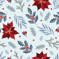 Seamless pattern with Christmas Tree Decorations, Pine Branches, poinsettia, berries. vector